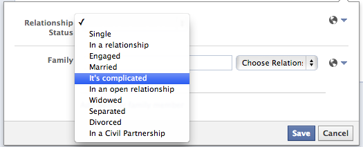 Image of a drop-down "relationship status" menu from Facebook. "It's complicated" is selected.